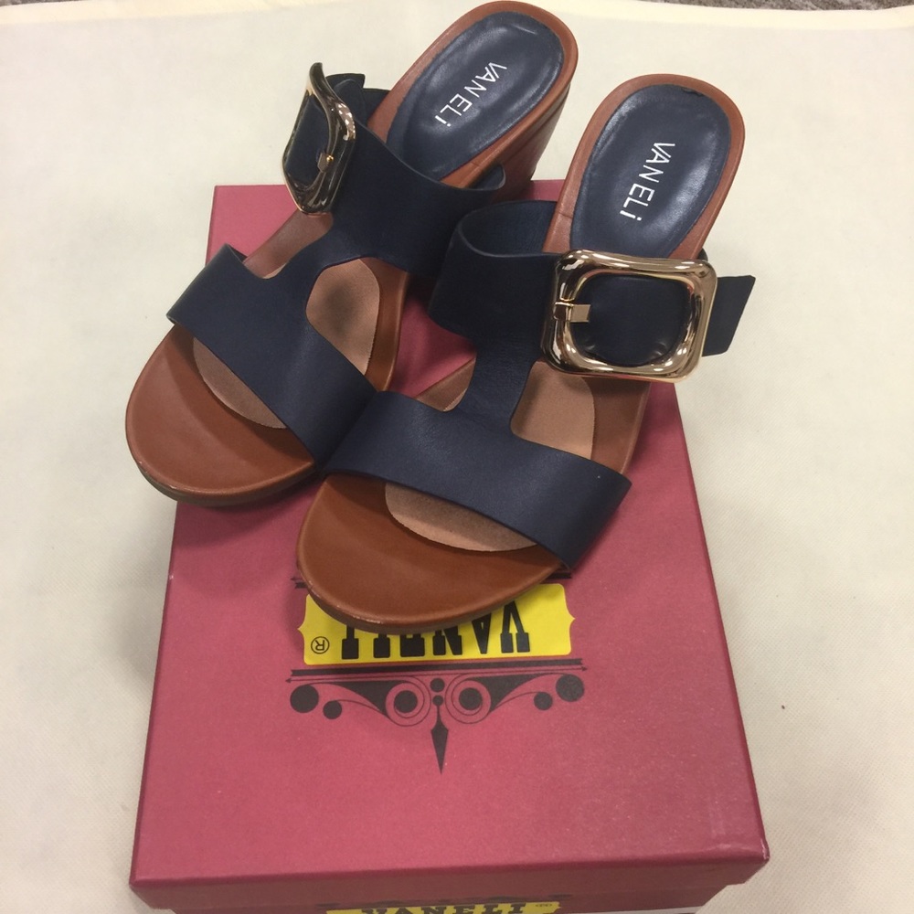 Navy with gold buckle wedge sandals